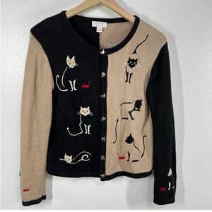 Vtg. 2003 Christopher & Banks Cat Sweater‎ Cardigan Ramie Cotton Embroidered